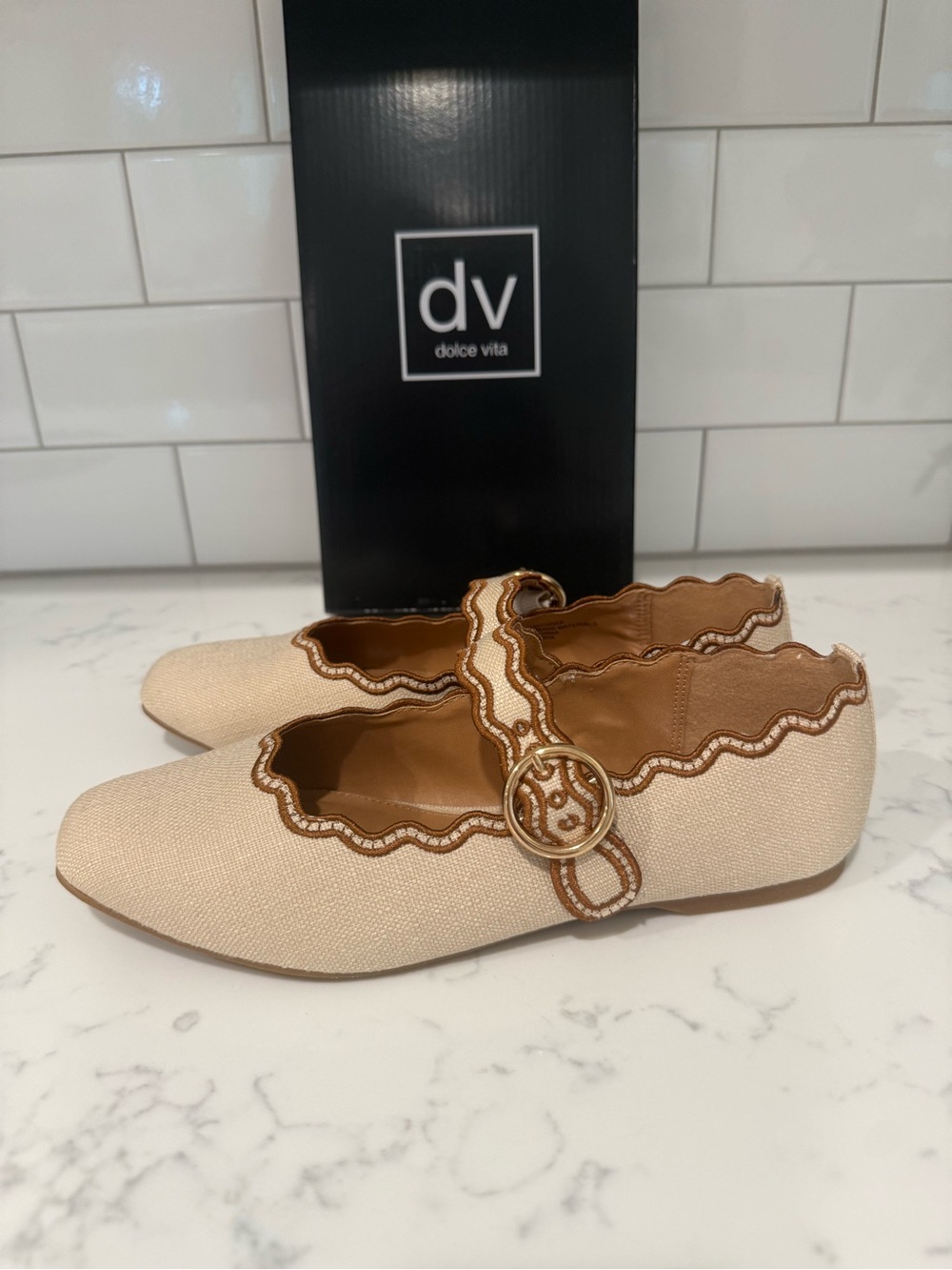 Dolce Vita Cream Beige Scallop Mary Jane Flats with Gold Buckle